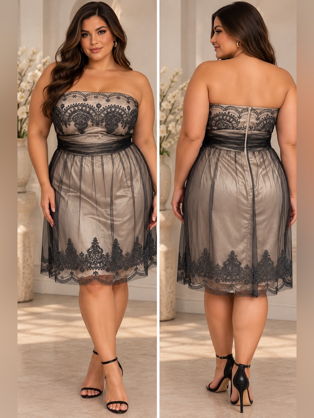 Davids Bridal Vintage Style Black Lace Tulle Strapless Cocktail Dress Size 24